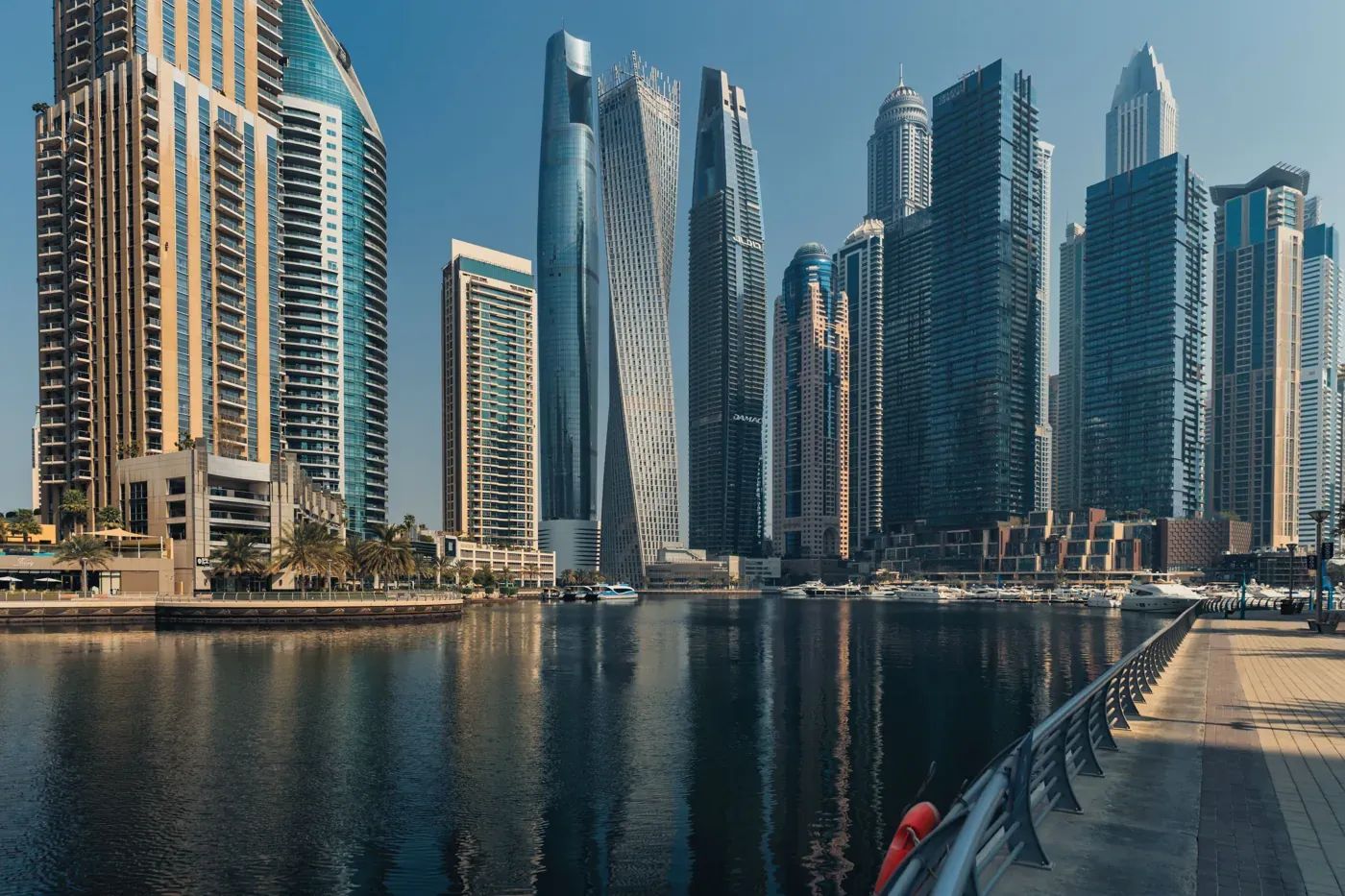 Dubai Marina towers reflected in the water