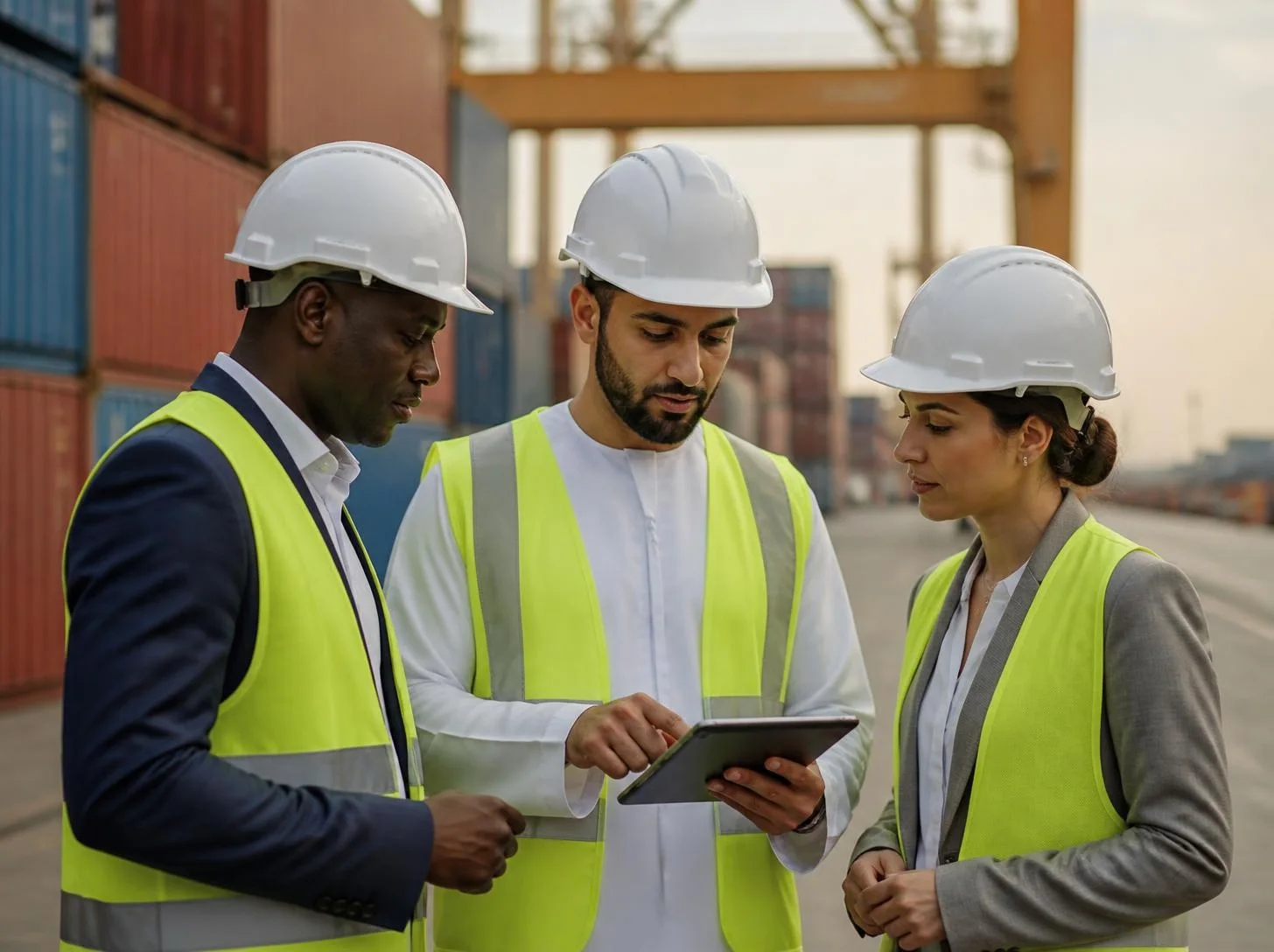 Business partners in hard hats reviewing plans on a tablet at a container terminal
