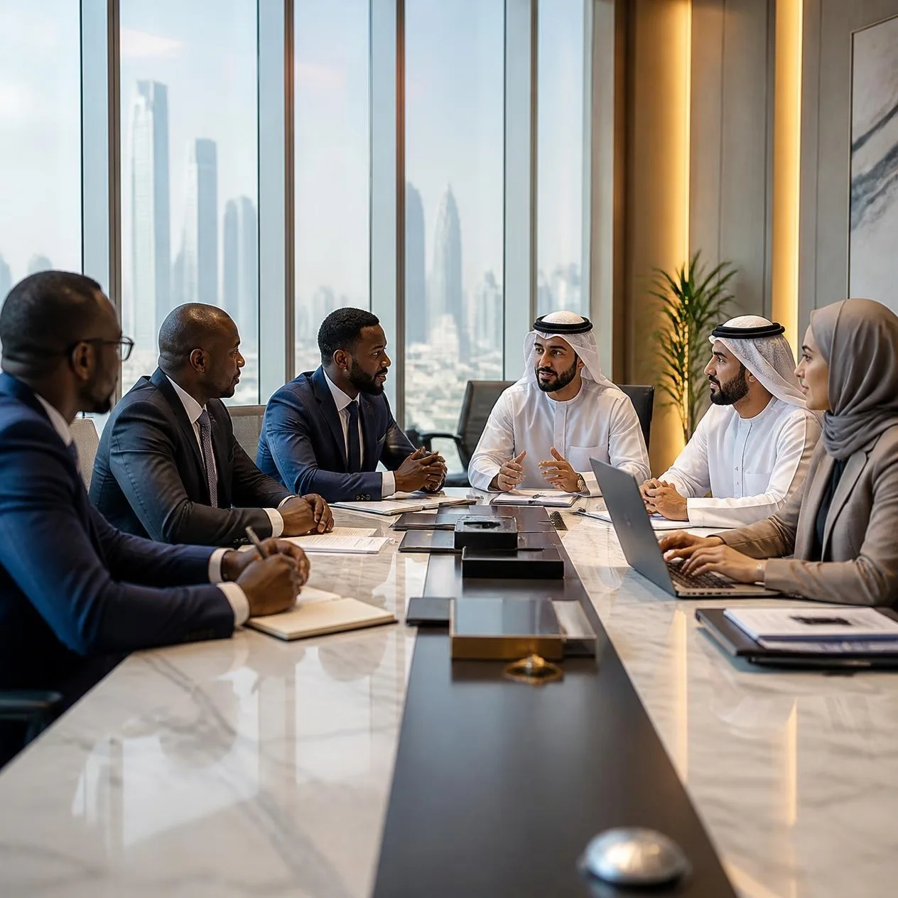Executives meeting around a table in a boardroom overlooking the Dubai skyline