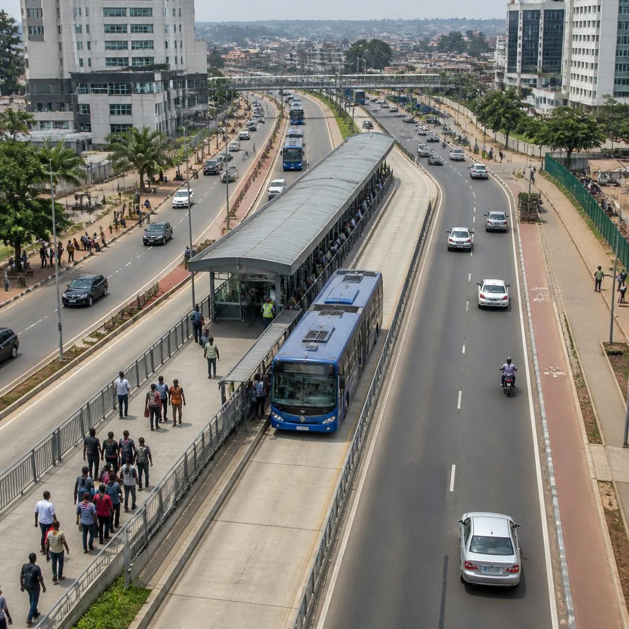 Bus rapid transit station on a busy avenue in an African city